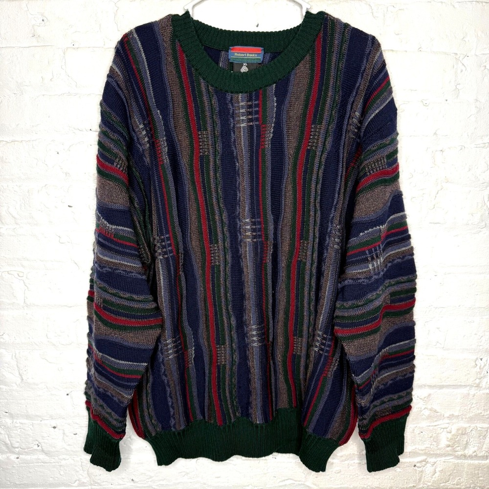 VTG Robert Banks Coogi Style Cable Knit Sweater Sz XL Multi Color Merino Wool 90